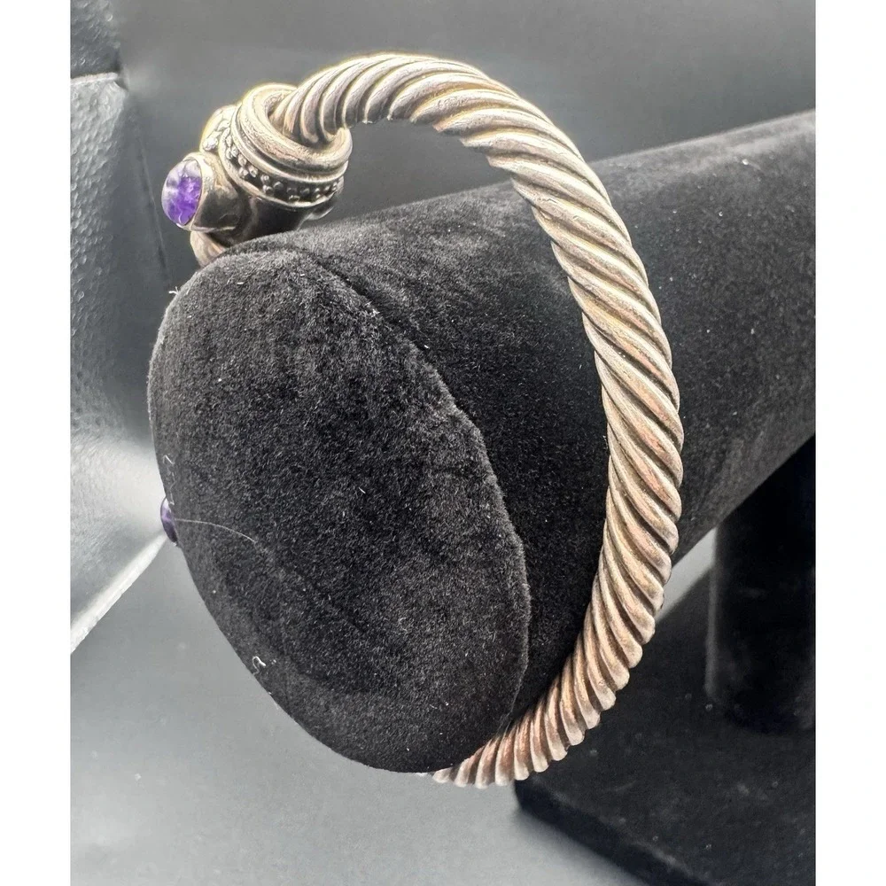 Bali Artisan-Style Sterling Silver Amethyst Twisted Cable Cuff Bracelet 61.15g